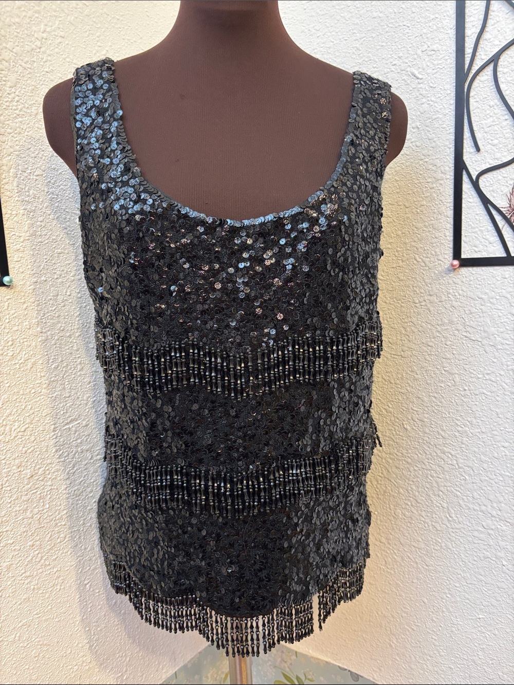 Vintage 1950’s Toni Szeto Black Sequin Beaded Fringe Wool Tank Top. Size 14.